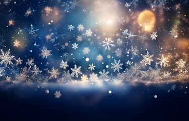 Snowflakes falling on a dark blue background with a warm glow in the distance.