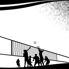 silhouette of six women playing volleyball vector illustration