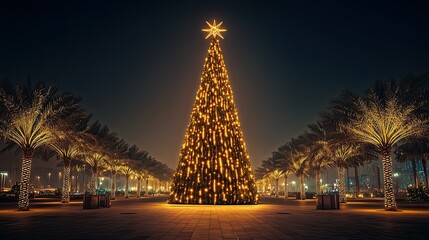 Illuminated Christmas Tree Amidst Palm Trees at Night