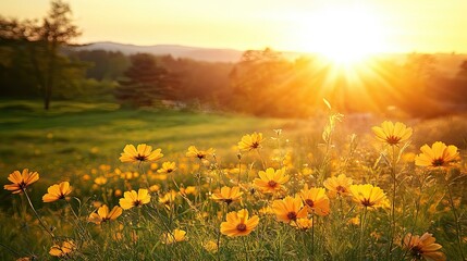 Obraz premium Sunlit Meadow with Vibrant Yellow Flowers