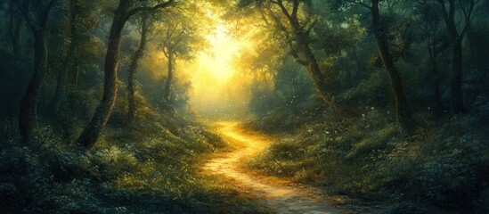 Obraz premium A winding path leads through a sunlit forest, with tall trees and lush greenery.