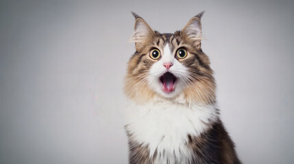 Obraz premium Surprised cat with fluffy fur and funny expression. pet portrait, curious feline, playful animal