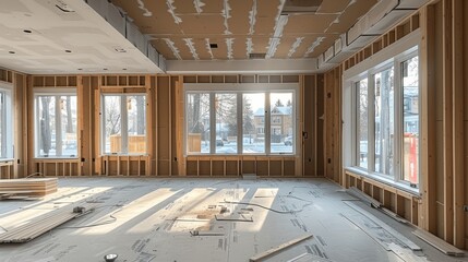 Modern Living Room Renovation with Large Window and Unfinished Drywall Interior in Montreal