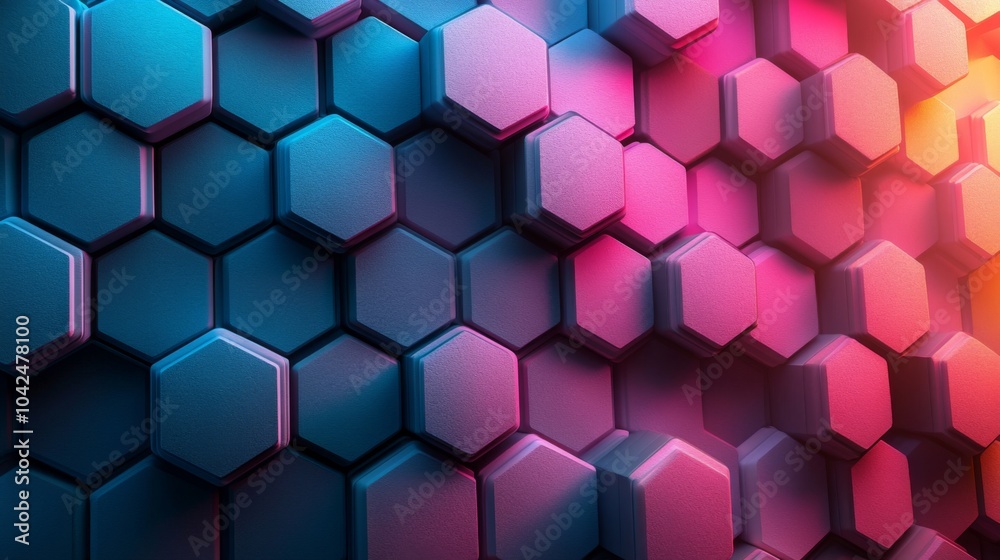 Poster An abstract display of interlocking hexagonal shapes forms a textured surface, highlighted by rich blue and pink lighting, creating a visually stunning effect.