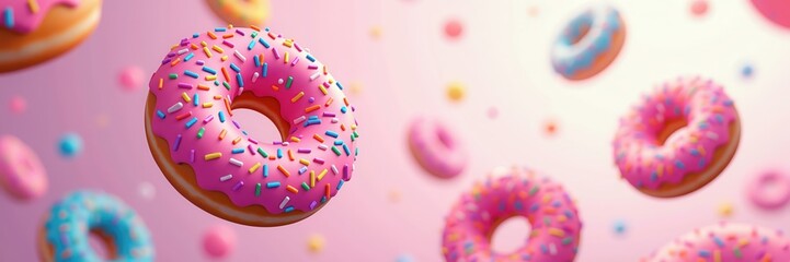 Sweet and vibrant floating donuts against a playful background, perfect for dessert promotions, bakery advertisements, or social media content.