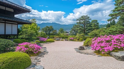 Fototapeta premium Tranquil Japanese Garden with Vibrant Flowers and Mountains