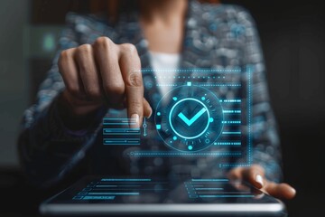 Businessman Approving Quality Control with Virtual Checklist, Businesswoman Using Tablet for Online Service and Document Management in Technology Concept