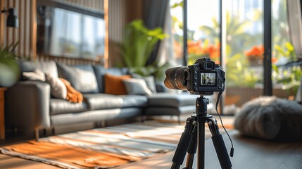 Professional Camera Setup for Property Listing in Modern Interior Living Room Morning Light