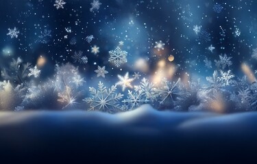 A frosty winter scene with delicate snowflakes falling on a snowy surface against a blurred blue and gold background.