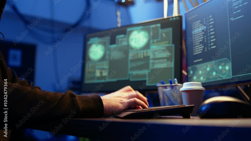 Poster hackers typing fast on keyboard in graffiti painted hideout, rushing to finish developing spyware so