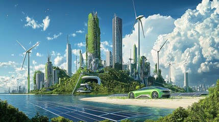 Fototapeta premium Sustainable Future City: Embracing Green Energy and Eco-Friendly Living