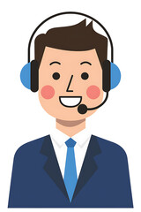 cartoon male in a suit and headset smiles isolated on transparent background