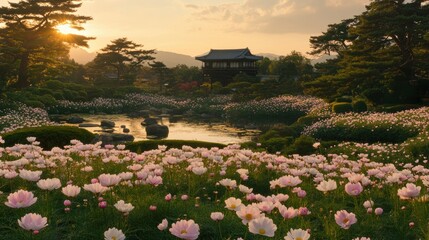 Serene Garden at Sunset with Lotus Flowers