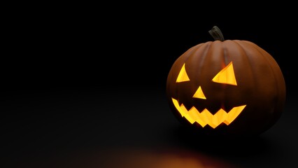 3D rendering of Halloween pumpkin on dark background, with copy space.