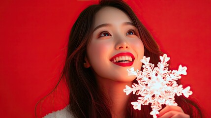 Fototapeta premium Joyful Girl Celebrating Christmas with Snowflake
