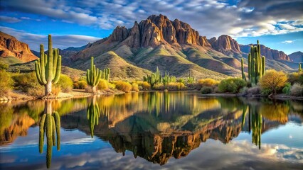 Obraz premium Desert landscape of mountains and saguaro cactus reflected in water