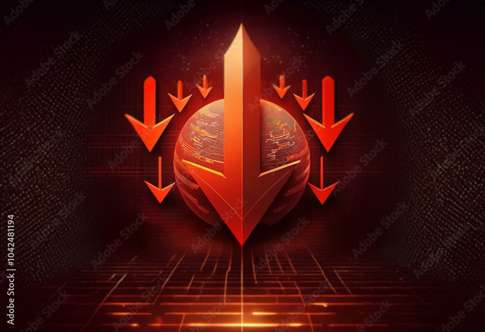 Fototapete a large red arrow points down towards a globe, with several smaller arrows pointing down around it.