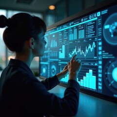 A professional woman analyzes data on a futuristic touchscreen display, showcasing modern analytics and business intelligence in a corporate environment.