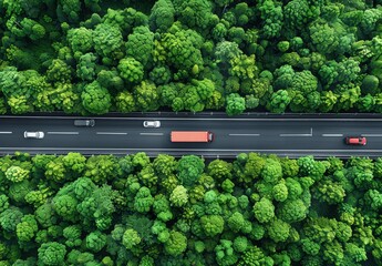 Aerial Top View of Vehicles on Highway Through Green Forest Sustainable Transport