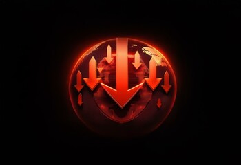 A glowing red globe surrounded by downward-pointing arrows.