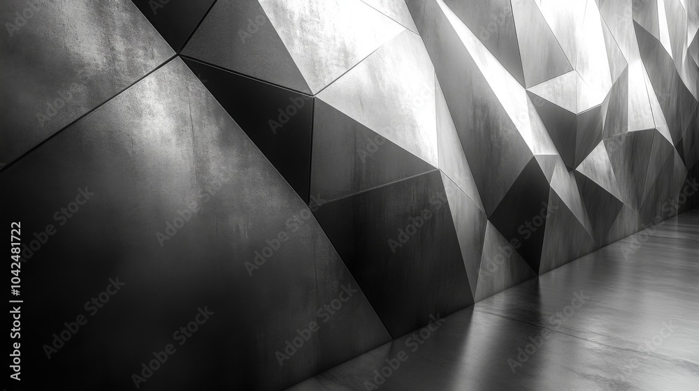 Poster A striking monochrome wall features sharp geometric angles and varying textures, creating a modern and abstract aesthetic in a contemporary interior environment.