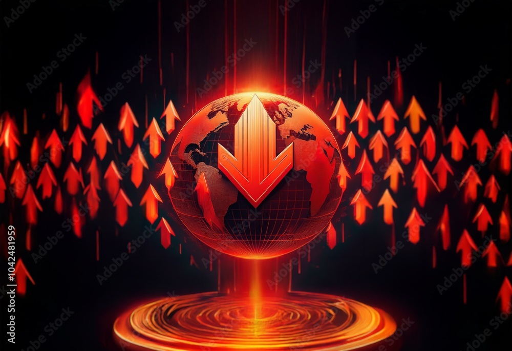 Aufkleber a glowing red globe with a downward arrow in the center surrounded by numerous red upward arrows.