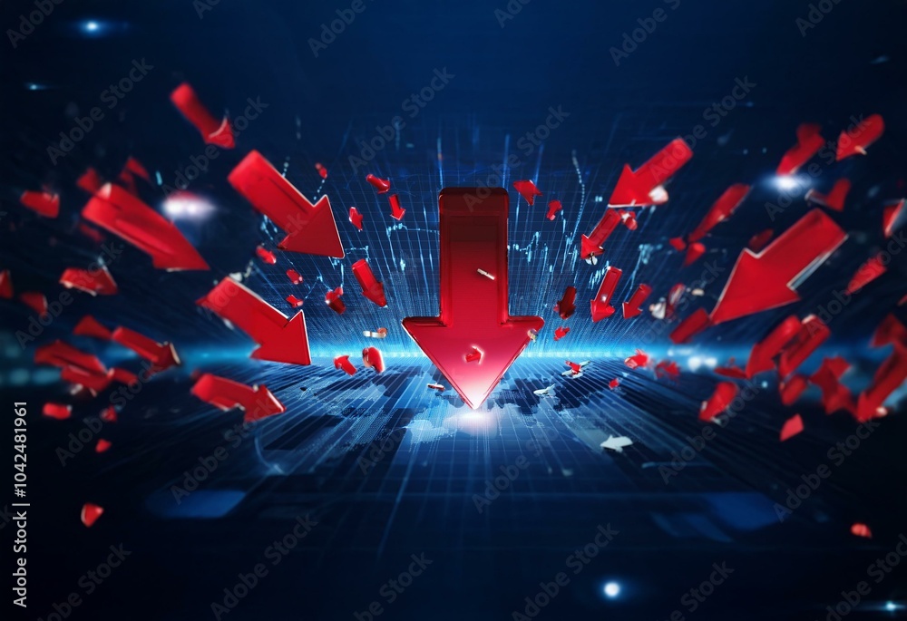 Poster Red arrows falling down on a blue grid background with a glowing map in the center.