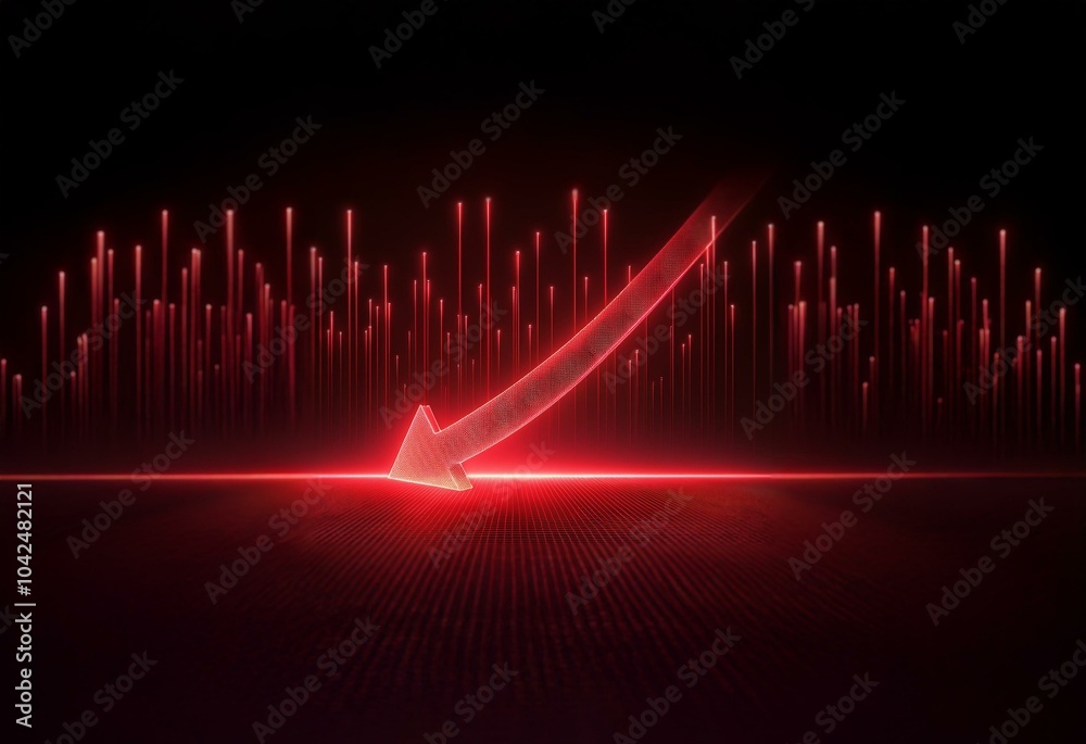 Poster A red arrow points down, creating a sense of decline. It's set against a background of vertical red lines and a grid pattern.