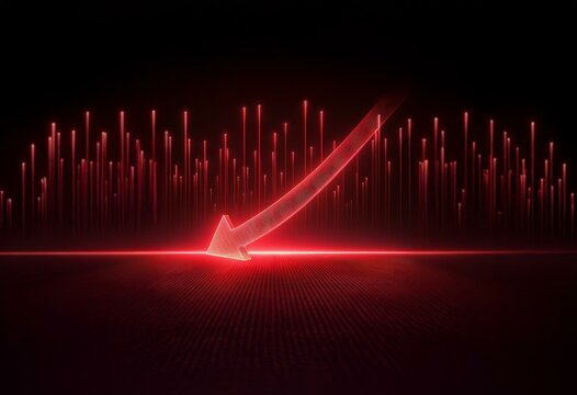A red arrow points down, creating a sense of decline. It's set against a background of vertical red lines and a grid pattern.