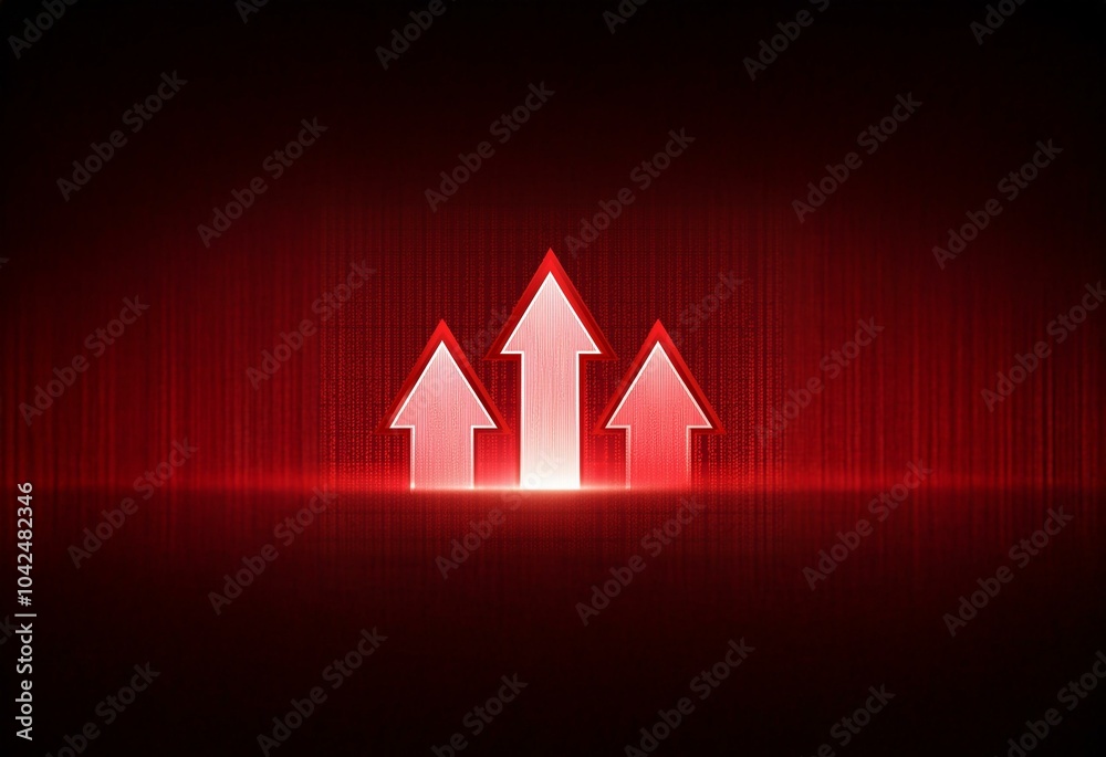 Poster Three red arrows point upward on a dark red textured background.