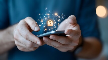 of a man holding a smartphone with a glowing lock icon on the screen symbolizing encrypted data access and mobile security for digital devices