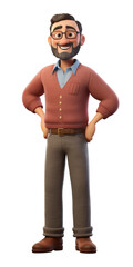 Fototapeta premium The image features a 3D animation character of a dad with a beard and glasses, displaying a big smile, rendered in a PNG file format against a clear background.