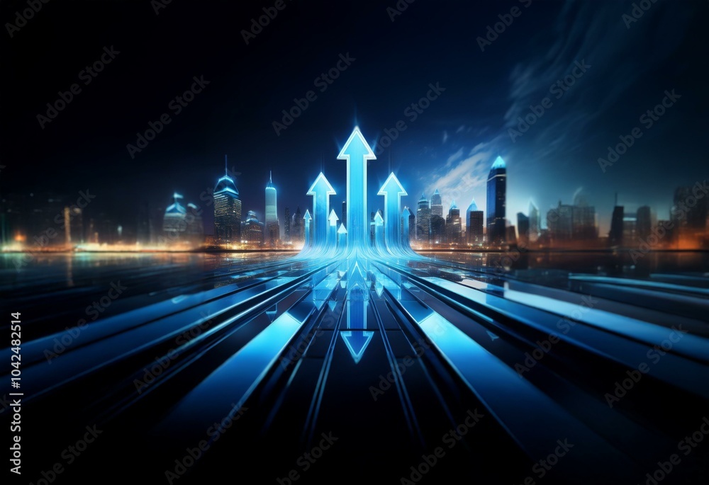 Poster A futuristic cityscape with glowing blue arrows rising from a dark, reflective surface.