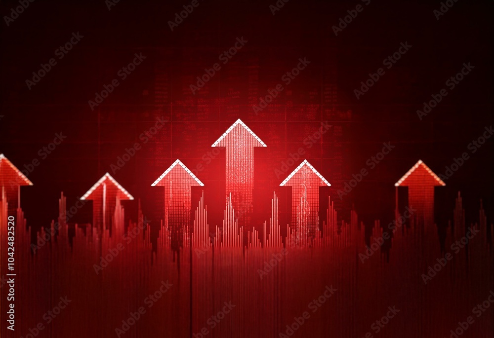 Aufkleber A red background with a grid overlay featuring a large white arrow pointing upwards and four smaller arrows, all against a red background.