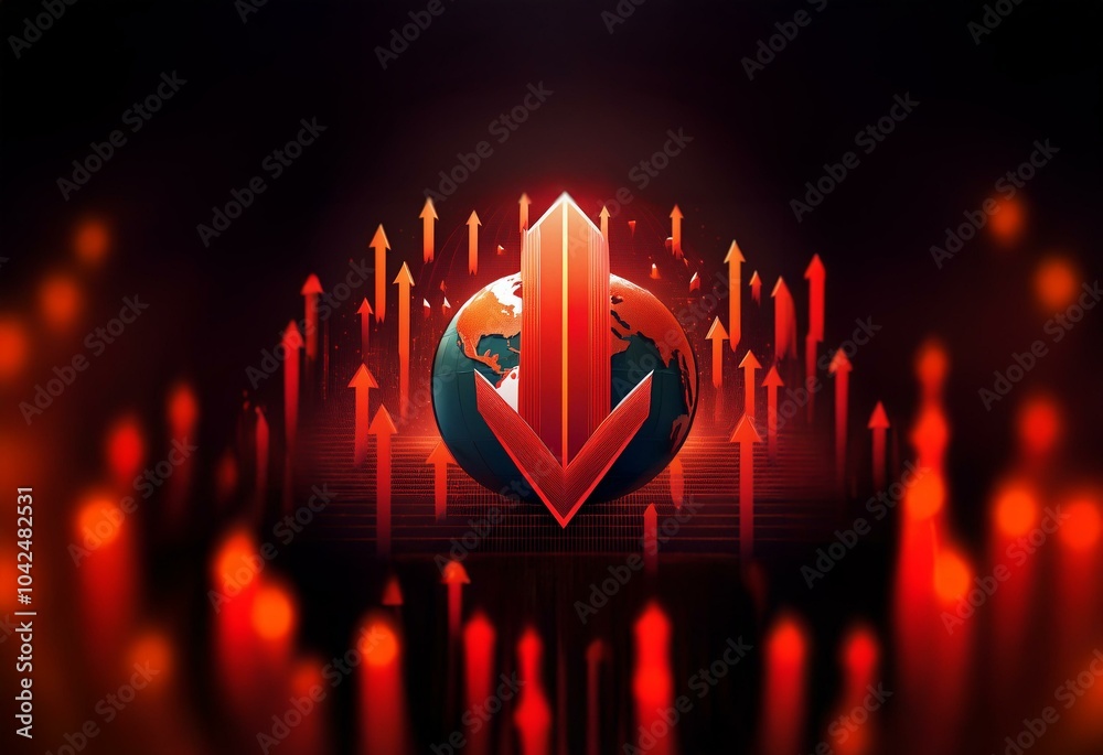 Poster red arrows pointing upwards surround a globe, with a large red arrow pointing downward in the center
