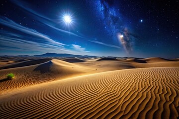 Naklejka premium Desert night scene with sand dunes reflecting the moonlight on the water surface, creating a mesmerizing landscape
