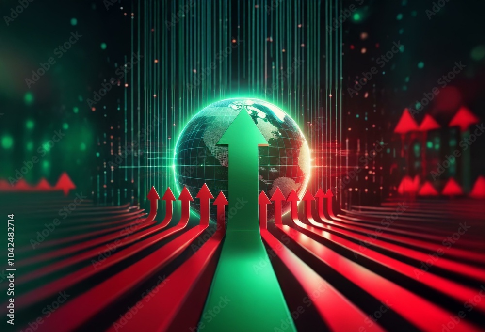 Aufkleber green arrow rising from the earth with red arrows in the foreground and background.