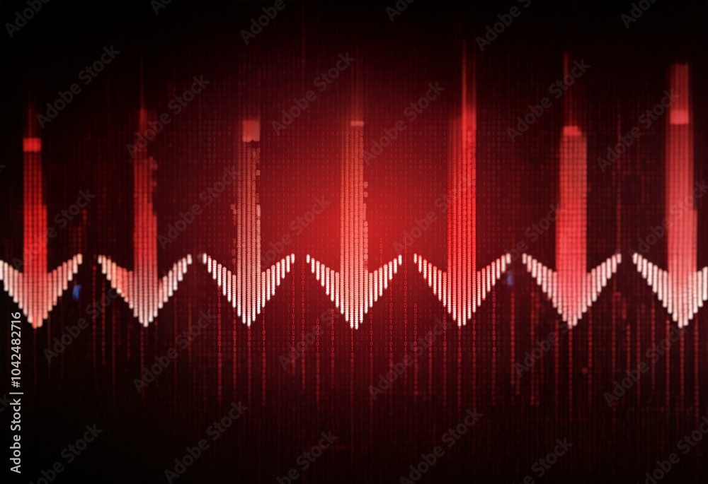 Fototapete Red and white downward facing arrows form a line graph against a dark red background with a faint pattern of binary code.