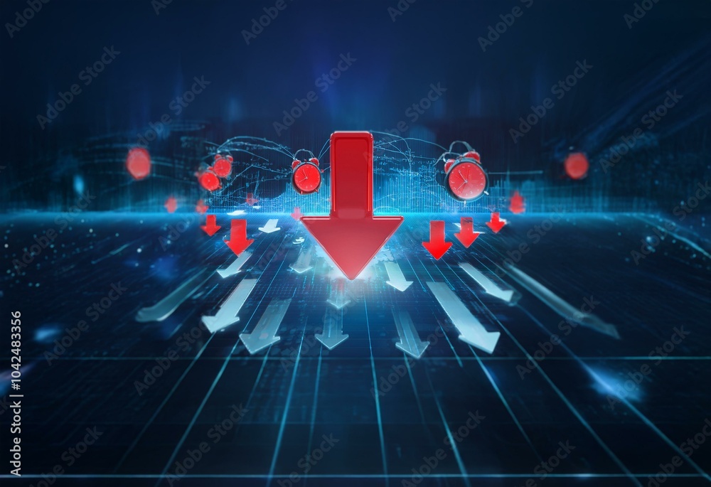 Fototapete abstract digital art with a red arrow pointing down towards a grid of white arrows pointing up, surr