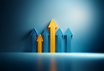 A single yellow arrow stands out against a row of blue arrows on a blue background.