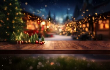 Obraz premium A wooden table sits in front of a festive background with blurred Christmas lights and miniature pine trees.