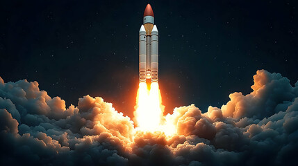 A rocket launching into space, surrounded by clouds and flames.