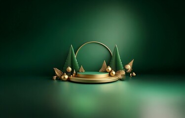Obraz premium A gold circular platform sits on a green background, surrounded by gold and green holiday ornaments and trees.