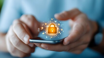 Glowing Mobile Lock Icon on Smartphone Display Symbolizing Cyber Security and Data Protection for Digital Devices and Information Networks