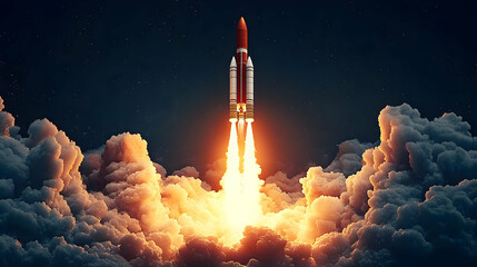 Fototapeta premium A rocket launching through clouds, symbolizing space exploration.
