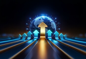 A digital rendering of a glowing Earth with numerous arrows pointing upwards, symbolizing growth and progress.