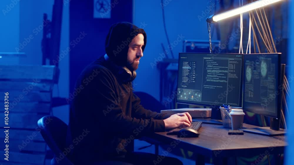 Aufkleber hooded hacker creating pirating crack for software and video game releases in bunker. rogue programm