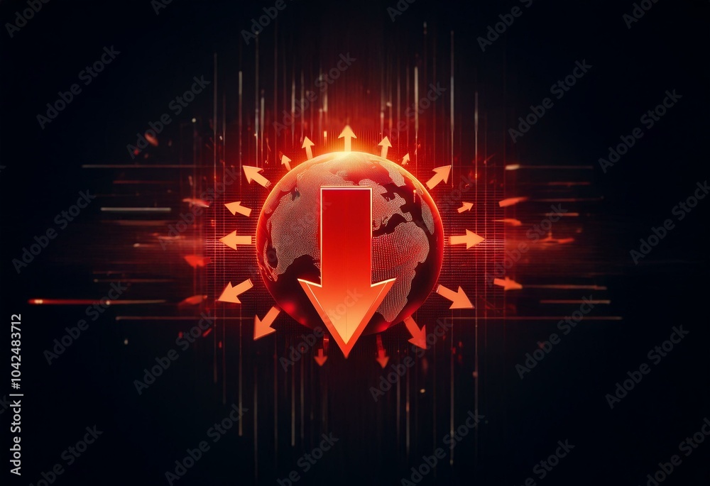 Leinwandbilder a red arrow points down toward a glowing red globe surrounded by smaller red arrows pointing up.