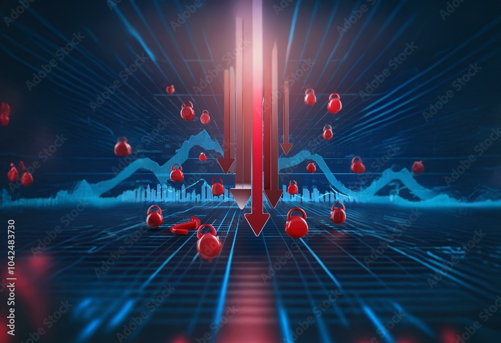 Poster red weights falling on a blue grid with red downward arrows, suggesting a financial decline.