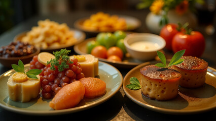 An Enticing Culinary Display of Beautifully Arranged Foods on Elegant Plates, Inviting Indulgence for the Senses